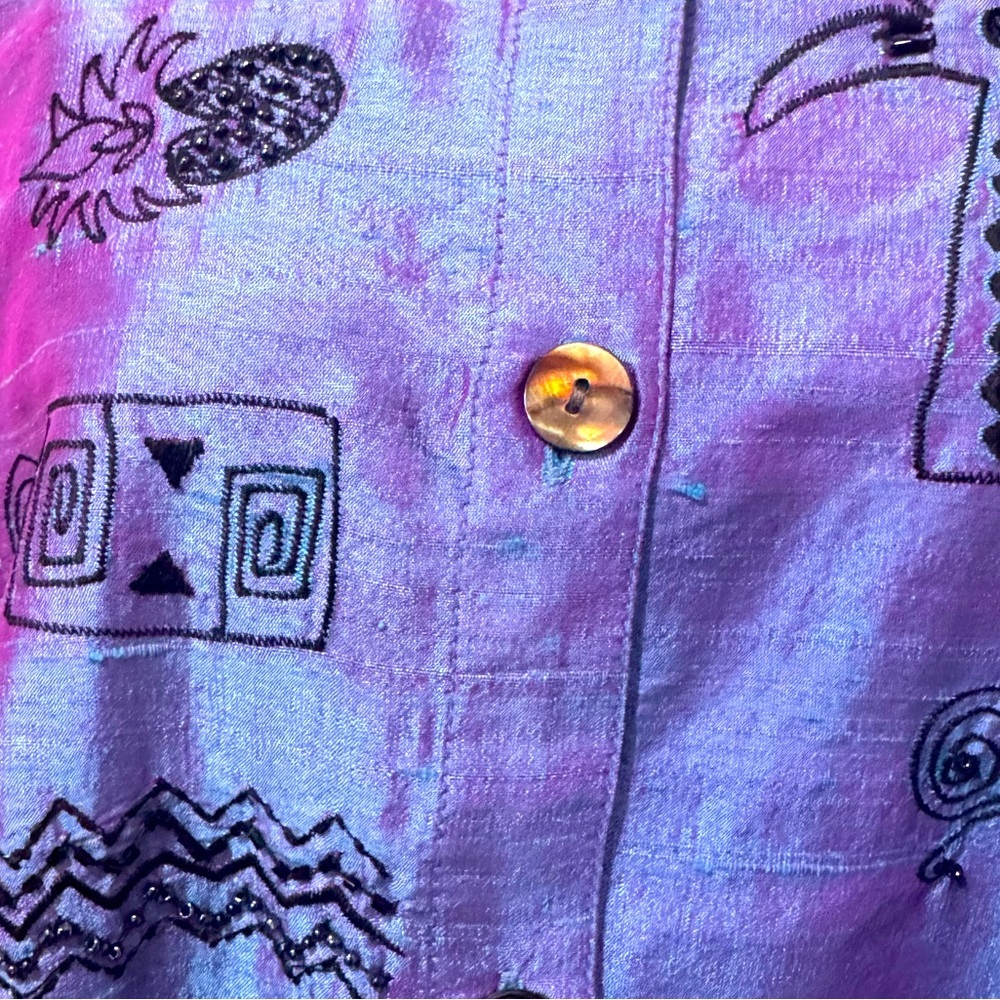 Bleu Bayou Purple Dupioni Silk Blouse Black Hand Beaded Embroidered Palms Size L - Picture 6 of 8